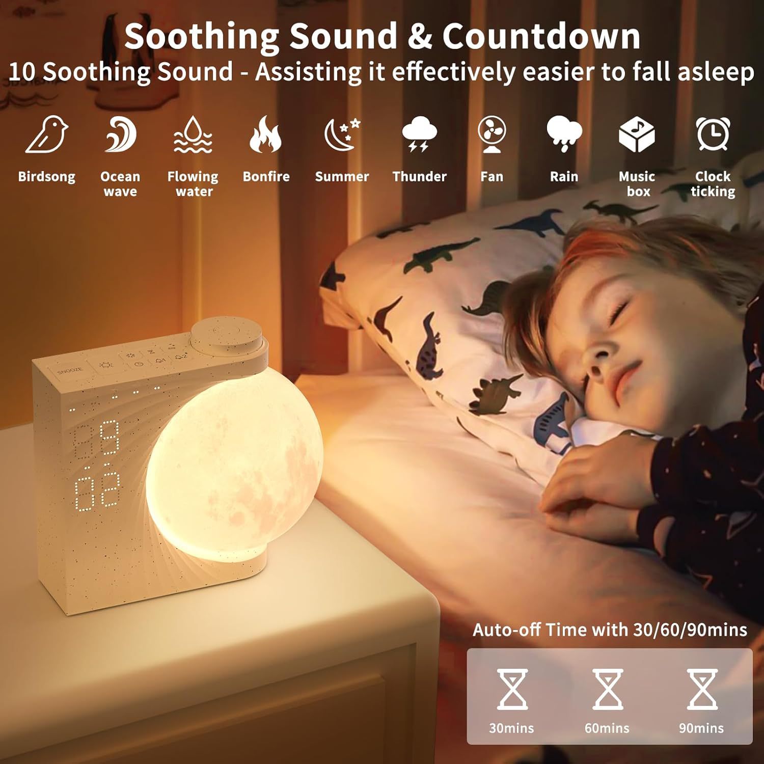 Moon Glow Lamp Alarm Clock - White Noise & Wake UP Light